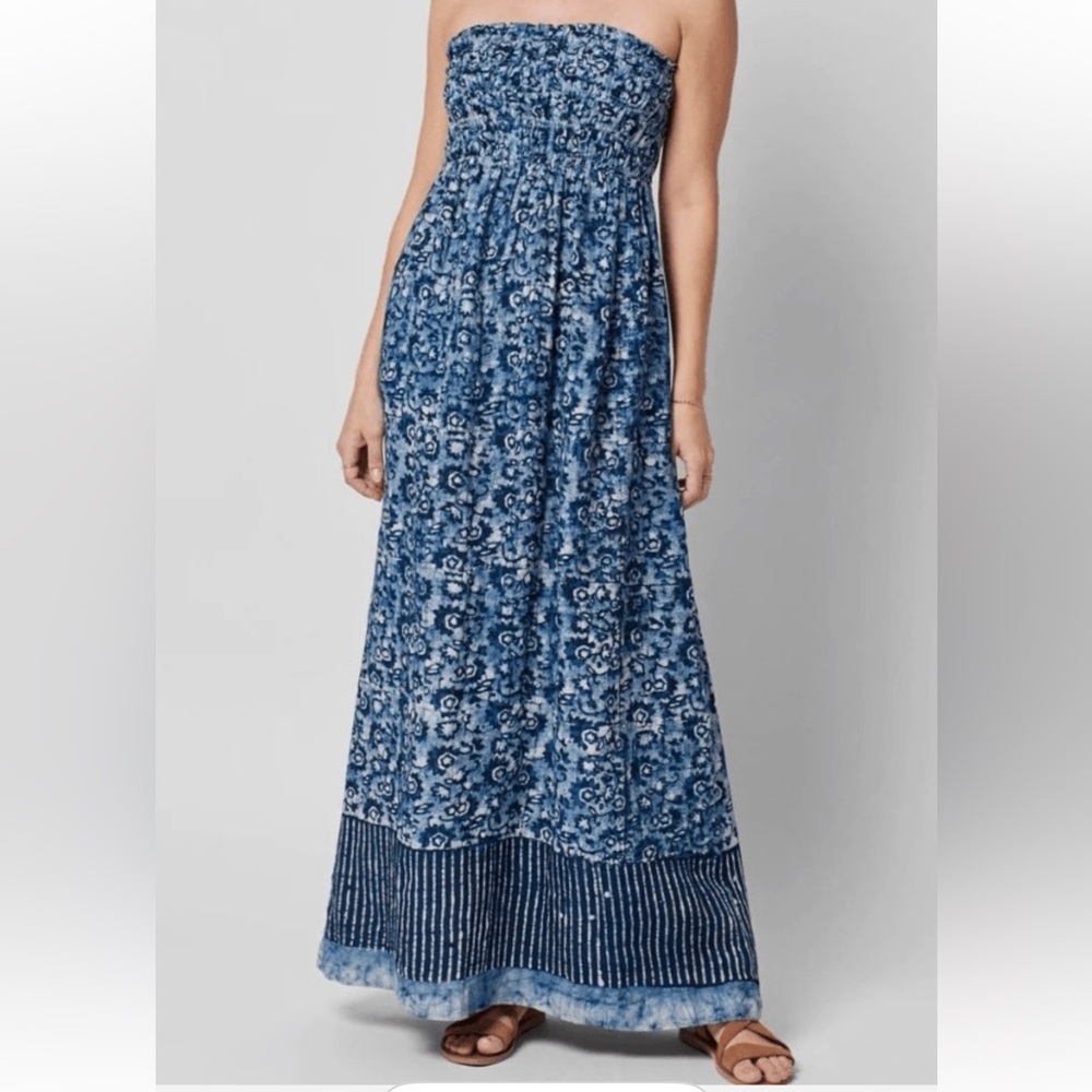 Faherty Blue Strapless Floral Maxi Dress